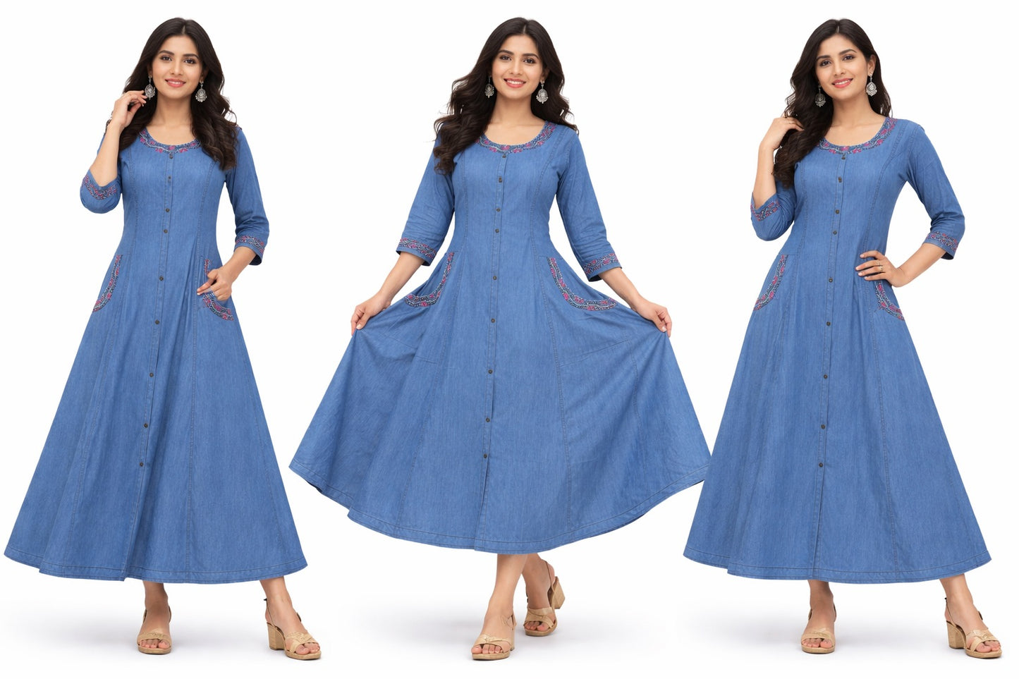 Stylish Long Denim Kurti with Stitch Work & Side Pockets