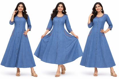 Stylish Long Denim Kurti with Stitch Work & Side Pockets