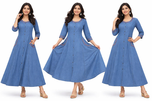 Stylish Long Denim Kurti with Stitch Work & Side Pockets
