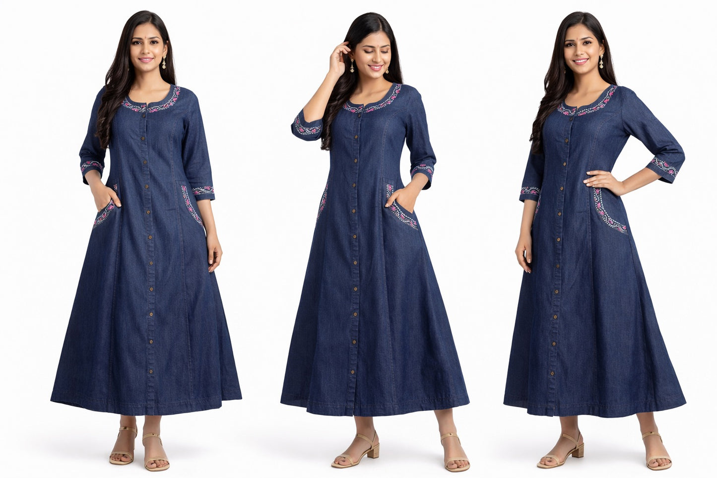 Stylish Long Denim Kurti with Stitch Work & Side Pockets
