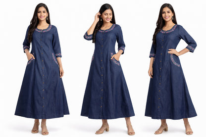 Stylish Long Denim Kurti with Stitch Work & Side Pockets