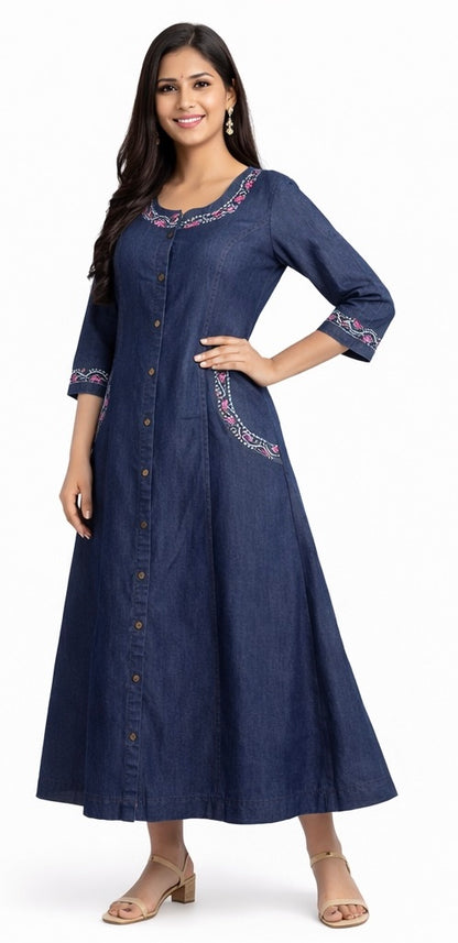 Stylish Long Denim Kurti with Stitch Work & Side Pockets