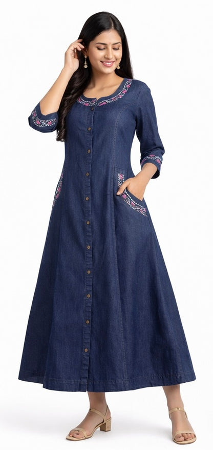 Stylish Long Denim Kurti with Stitch Work & Side Pockets