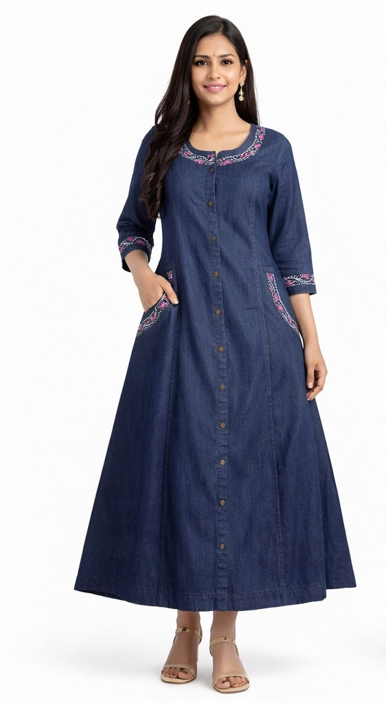 Stylish Long Denim Kurti with Stitch Work & Side Pockets