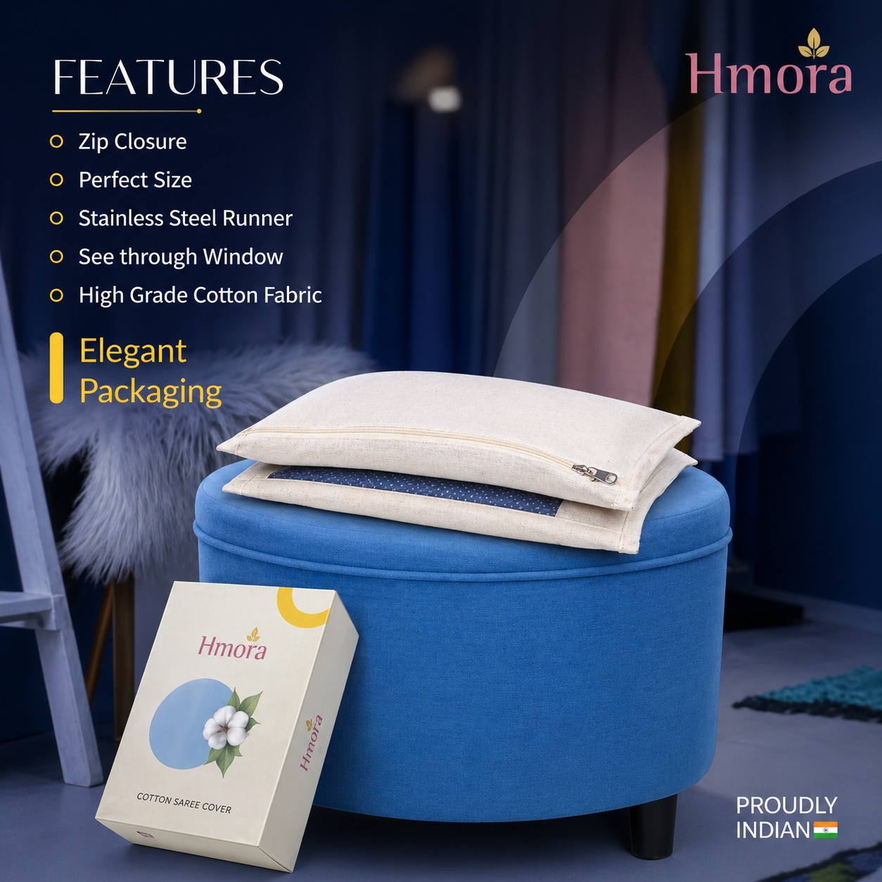 HMORA Cotton Saree Bags/Covers For Storage (Set Of - 12) Big Size Single (16 X 14 Inches) With Zip Closure For Clothes Bags And Wardrobe Organizer With Transparent Mesh Window, Beige