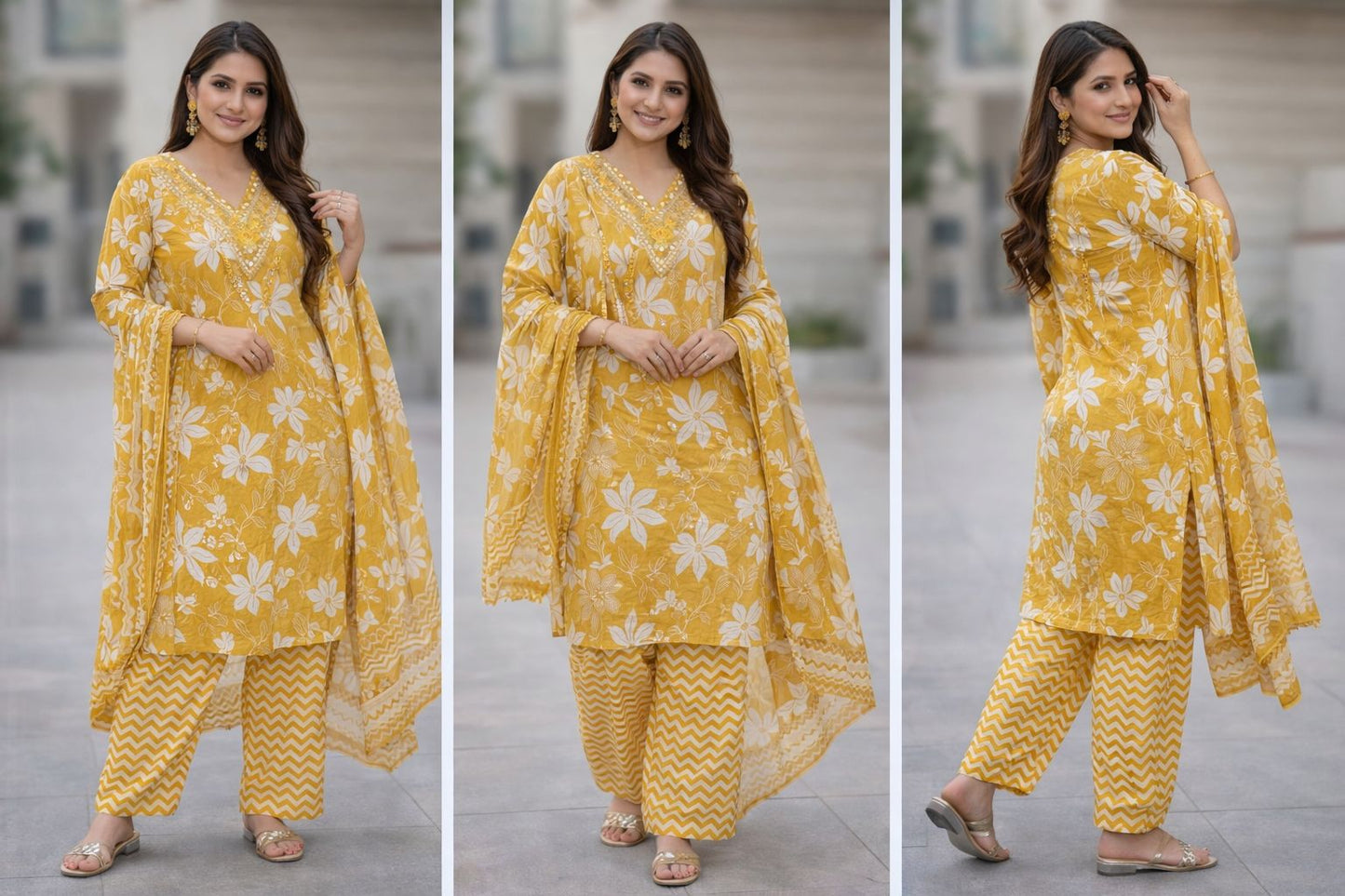 Pure Cotton 3-Piece Women’s Suit Set with Fine 3 mm Stitch Work