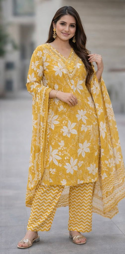 Pure Cotton 3-Piece Women’s Suit Set with Fine 3 mm Stitch Work