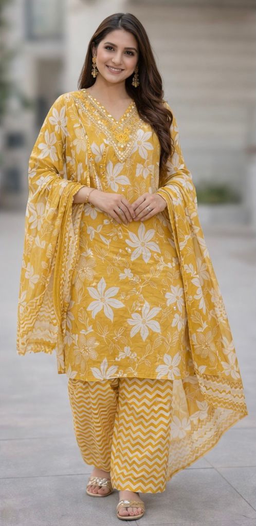 Pure Cotton 3-Piece Women’s Suit Set with Fine 3 mm Stitch Work