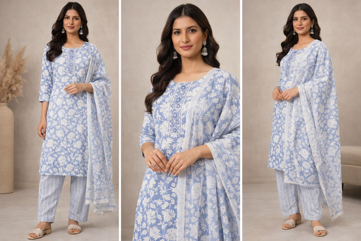 Elegant 3-Piece Pure Cotton Suit with Delicate Neck Stitching