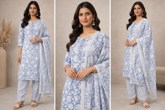 Elegant 3-Piece Pure Cotton Suit with Delicate Neck Stitching