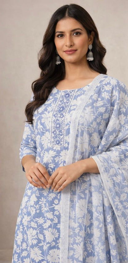 Elegant 3-Piece Pure Cotton Suit with Delicate Neck Stitching