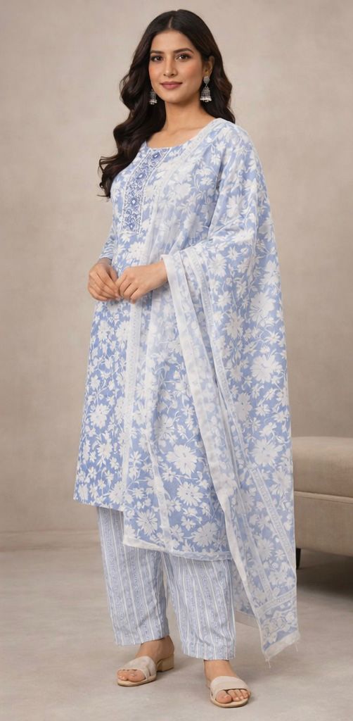 Elegant 3-Piece Pure Cotton Suit with Delicate Neck Stitching