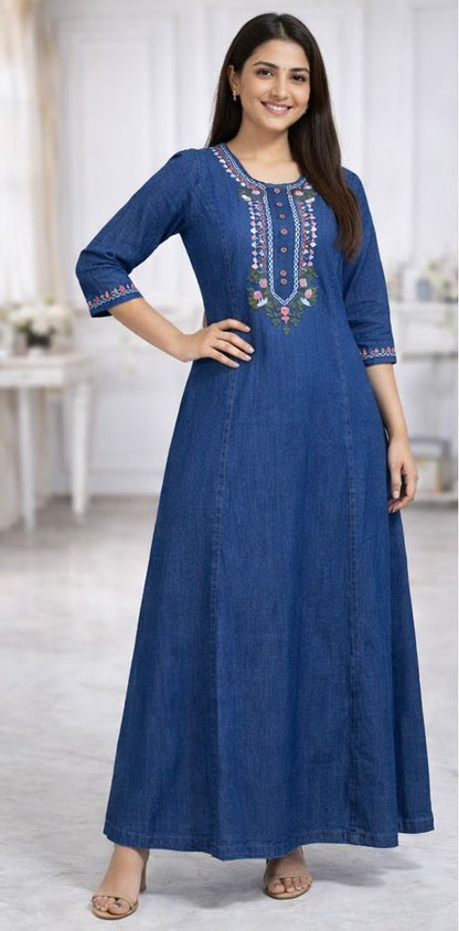 Women’s Denim Embroidered Long Kurti (M to XXL)