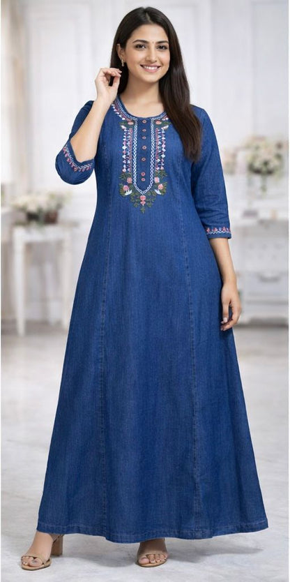 Women’s Denim Embroidered Long Kurti (M to XXL)