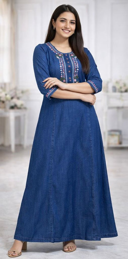 Women’s Denim Embroidered Long Kurti (M to XXL)