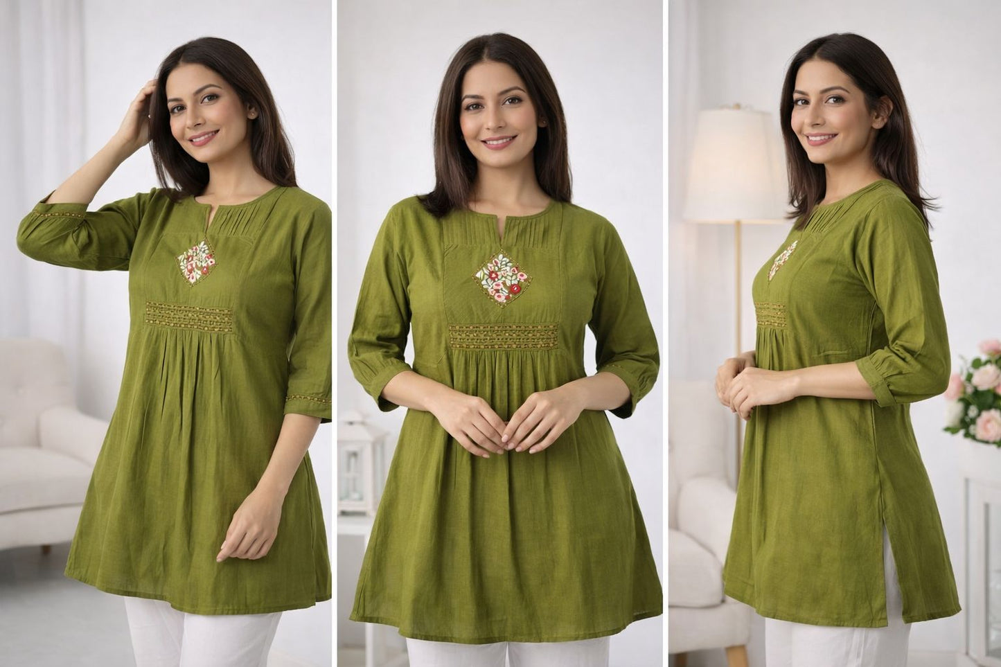 Elegant Dhaboo Cotton Short Kurti with Kaju Katri Style Stitch Work