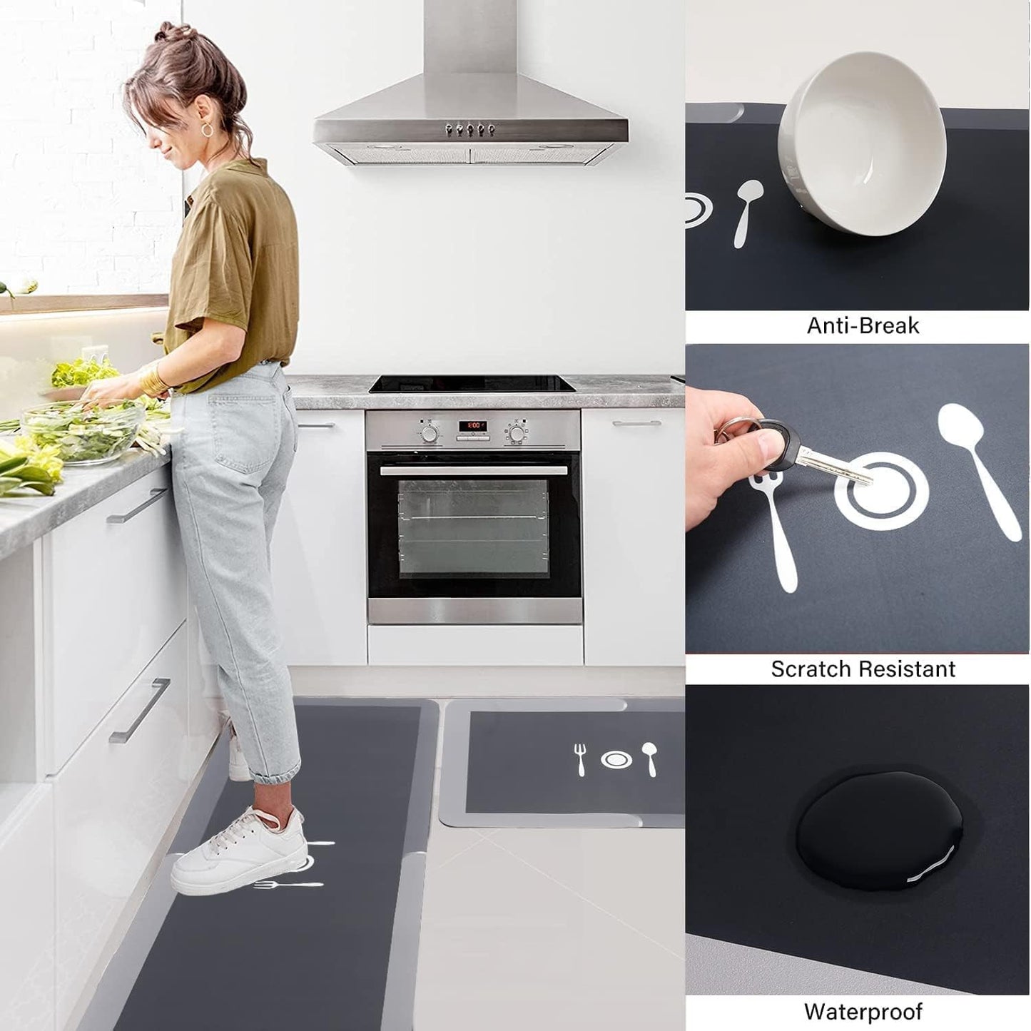 HMORA 2 Pcs Kitchen Mats Set – Waterproof Memory Foam Anti-Fatigue Mat Non-Slip Rug for Kitchen, Sink, Laundry & Home Office – 120x40 cm + 40x60 cm (Cooking Time Design)