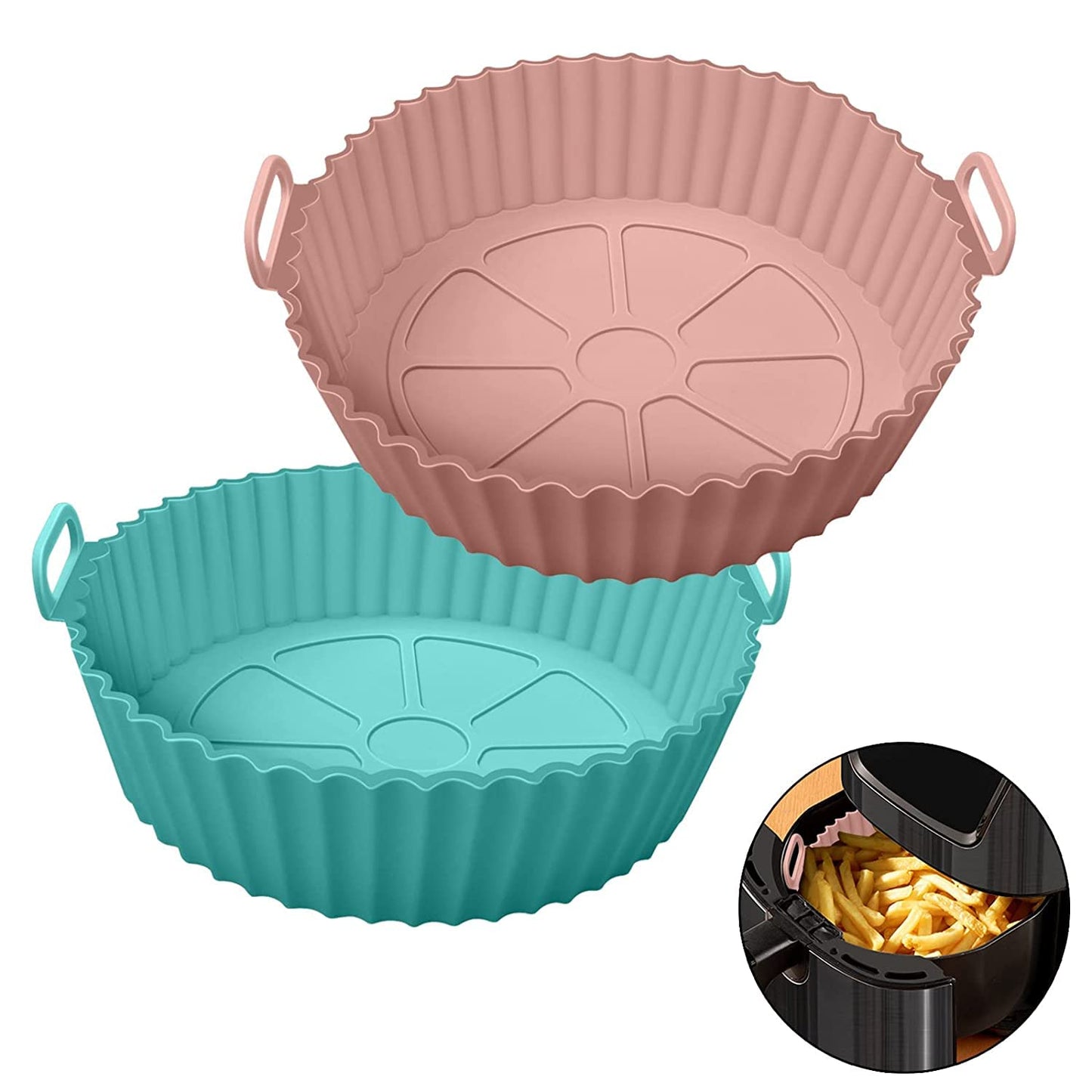 HMORA Air Fryer Liners I Round Silicone Basket Baking Tray I Pot with Ear Handles I Nonstick Reusable Heat Resistant I Cooking Oven Insert Accessories - Multicolor (8 inch, Pack of 2)