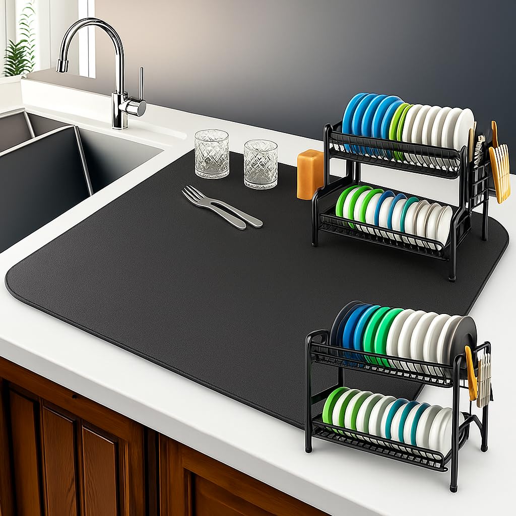 HMORA Dish Dry Mat | Microfiber Home Drying Mat | Reversible Mat | Kitchen Absorbent Mat for Kitchen, Home, Office and Laundry | (30 x 40cm)