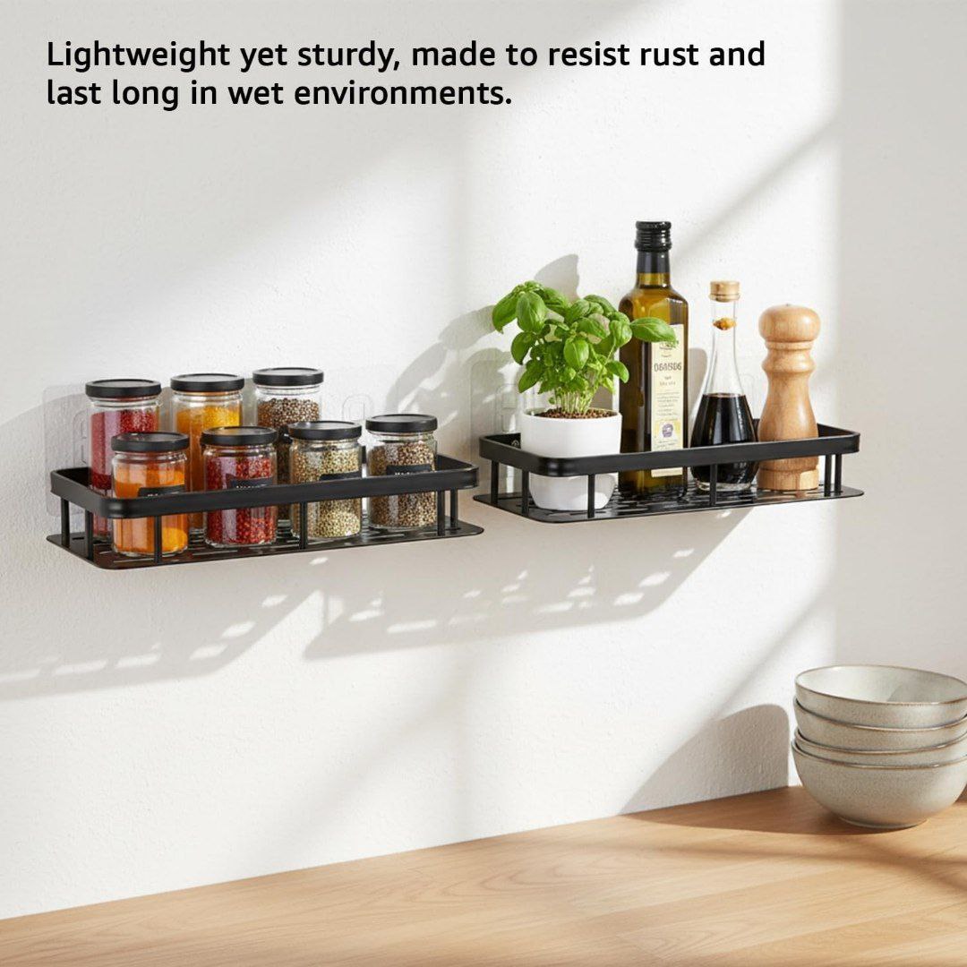 Metal Self-Adhesive Multipurpose Wall-Mounted Shelf (Black) – Pack of 2