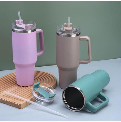 Stainless Steel Tumbler with Straw & Handle | Double Wall Insulated Travel Cup | Leak Proof Lid | Hot & Cold Beverage Mug for Home, Office & Car