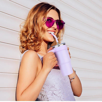 Stainless Steel Tumbler with Straw & Handle | Double Wall Insulated Travel Cup | Leak Proof Lid | Hot & Cold Beverage Mug for Home, Office & Car